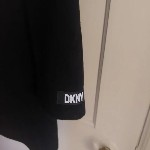 NWT DKNY Black Wool Faux Leather Hooded Bibbed Mixed-Media Blazer Coat XL - Picture 7 of 8